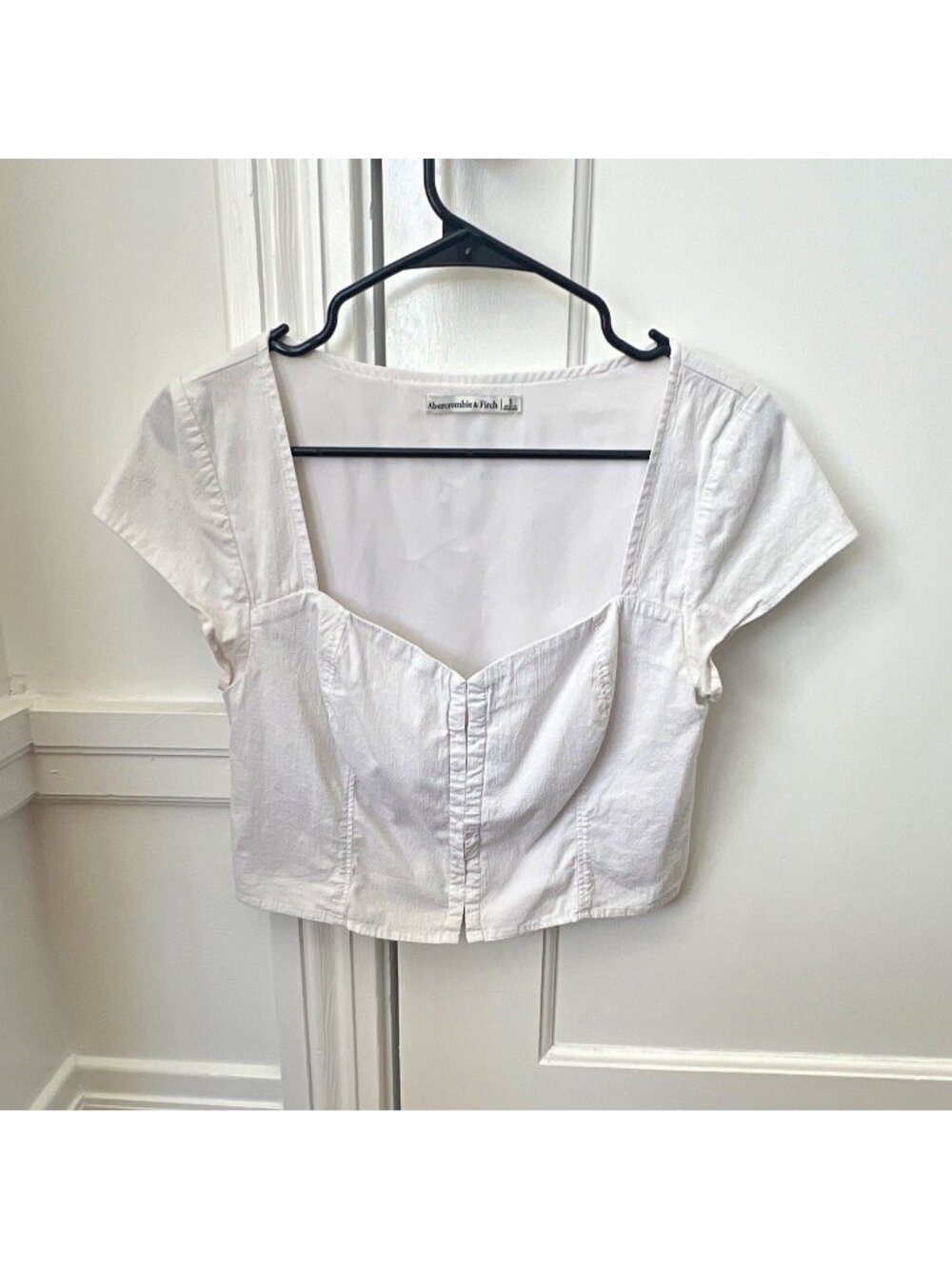 Abercrombie & Fitch Woven Cropped Sweetheart Neck Blouse White Short Sleeve S